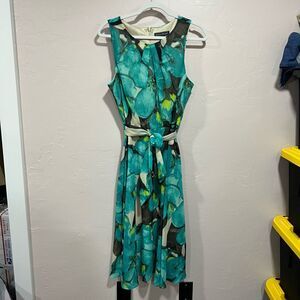 Jessica Howard Teal & Brown Floral Print Sleeveless Tie-Waist Long Dress Size 8